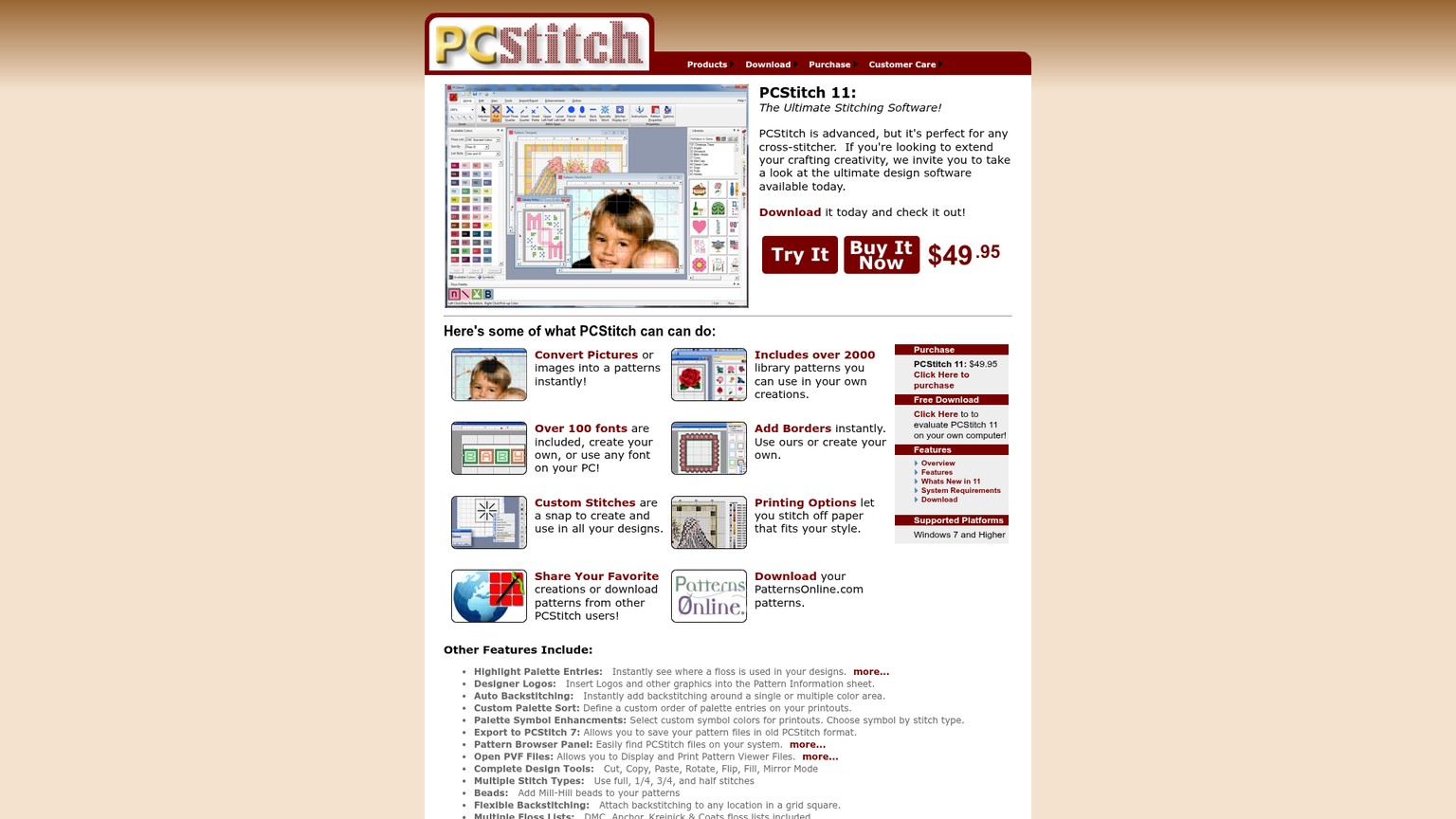Offizielle Produktseite von PCStitch 11 mit Fotoimport und Funktionen zur Vorlagengestaltung