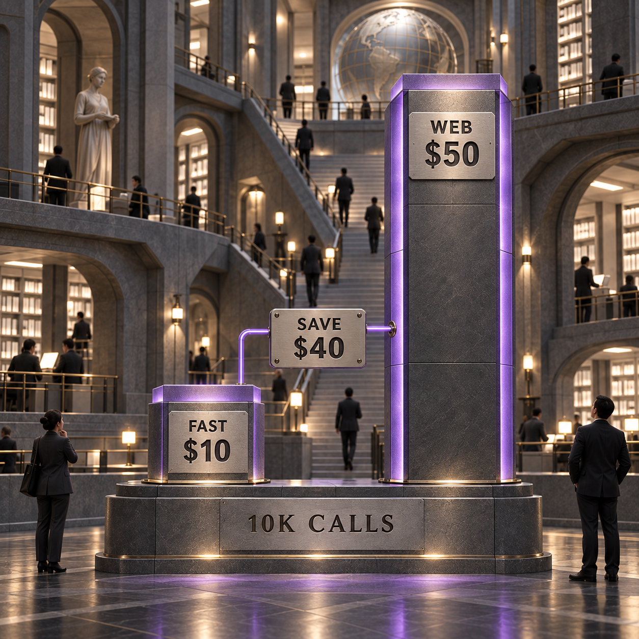 Architectural column chart showing Fast Search at ten dollars and default web at fifty dollars for ten thousand successful requests