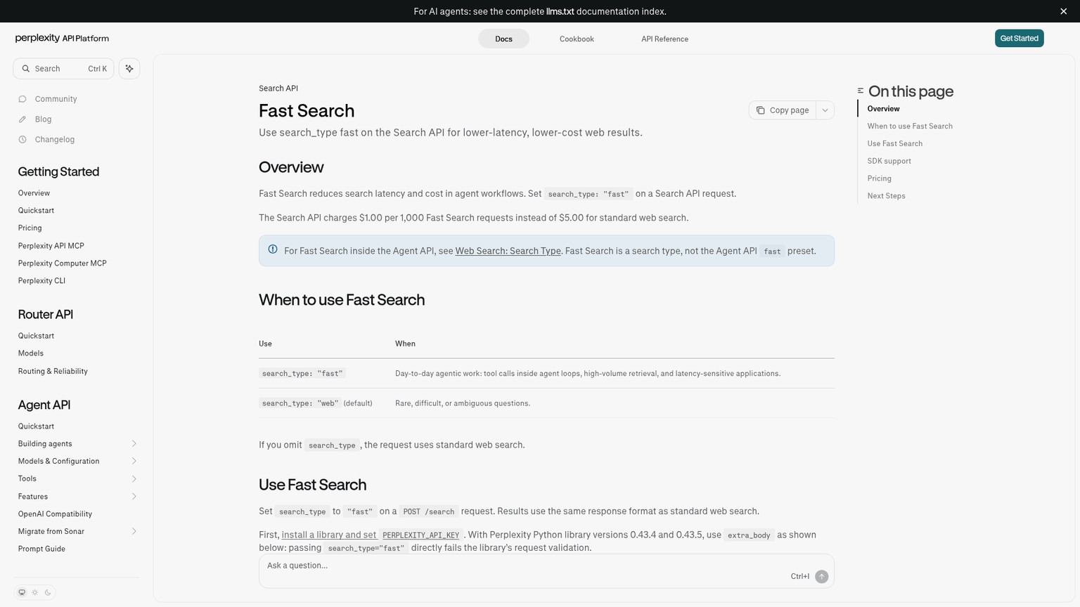 Perplexity Fast Search documentation showing the fast and web search types