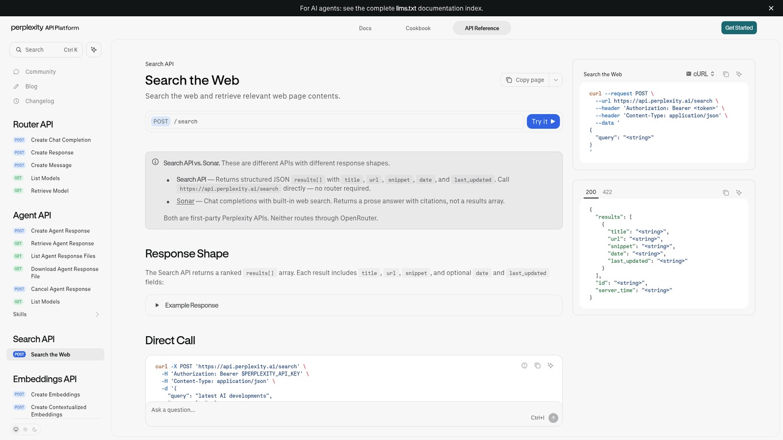 Perplexity Search API reference showing the search_type request field