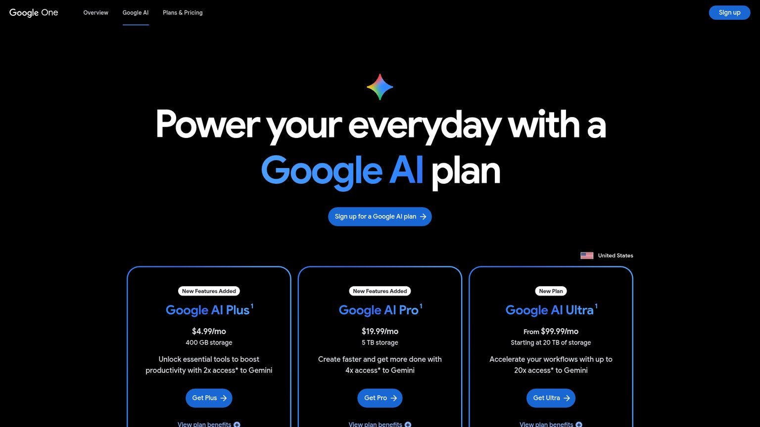 Google AI Proの料金とストレージを掲載したGoogle AIプランのページ