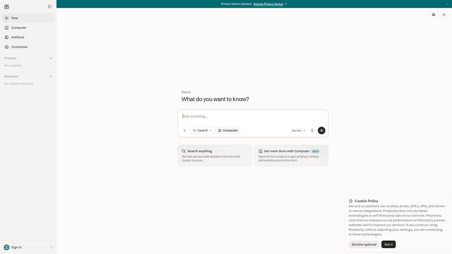 Perplexity public answer engine homepage