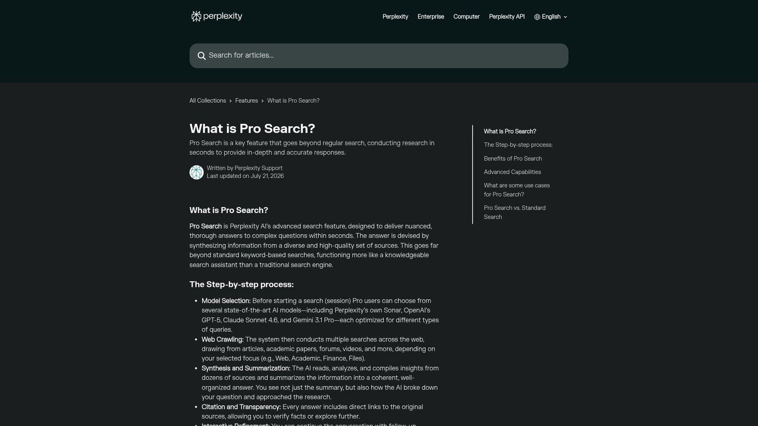 Perplexity Pro Search feature and workflow page