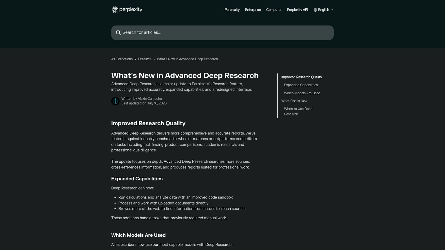 Perplexity Advanced Deep Research feature page