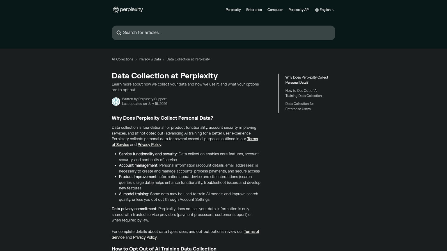Perplexity AI Data Retention and opt-out documentation