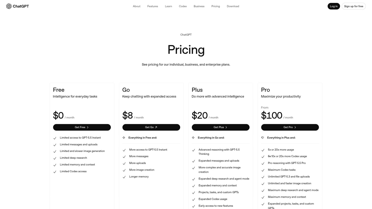 ChatGPT pricing page