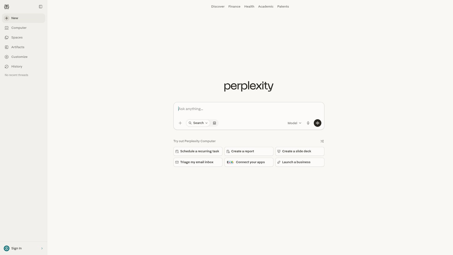 Perplexity homepage