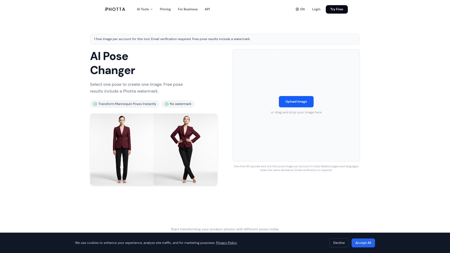 포즈 선택 워크플로를 보여 주는 Photta Pose Changer 페이지