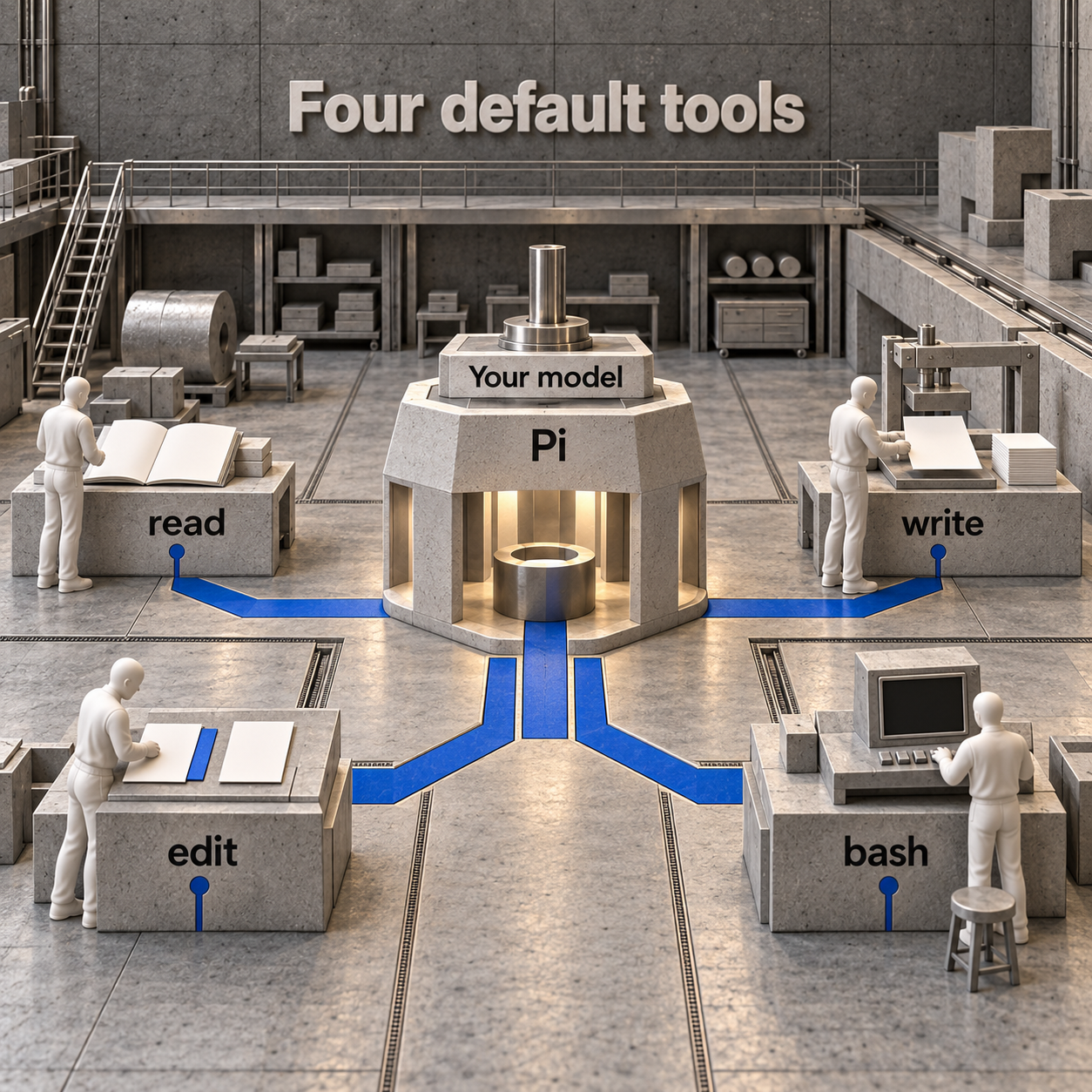 An architectural model connects a chosen model to Pi and four workstations labeled read, write, edit and bash.
