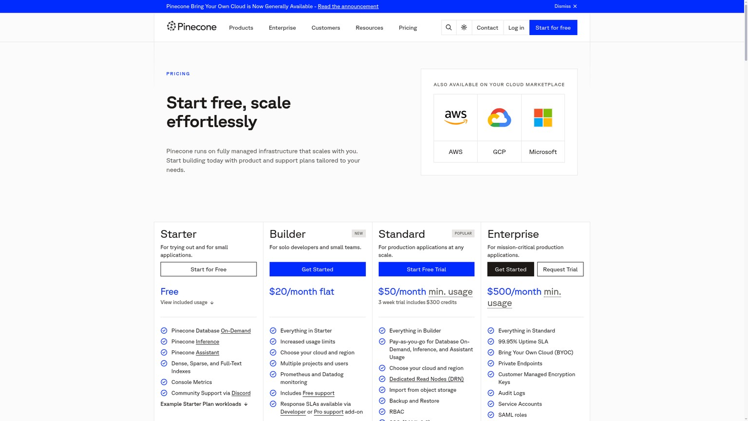 Pinecone's live pricing page with Starter, Builder, Standard and Enterprise plans