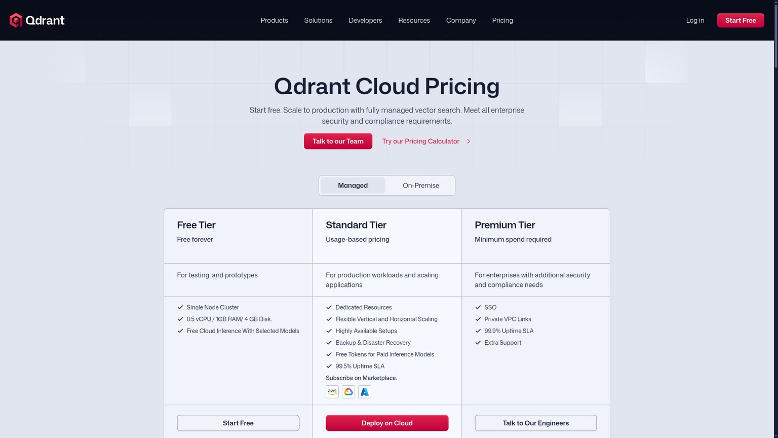 Qdrant Cloud's live pricing page with its free cluster resource limits