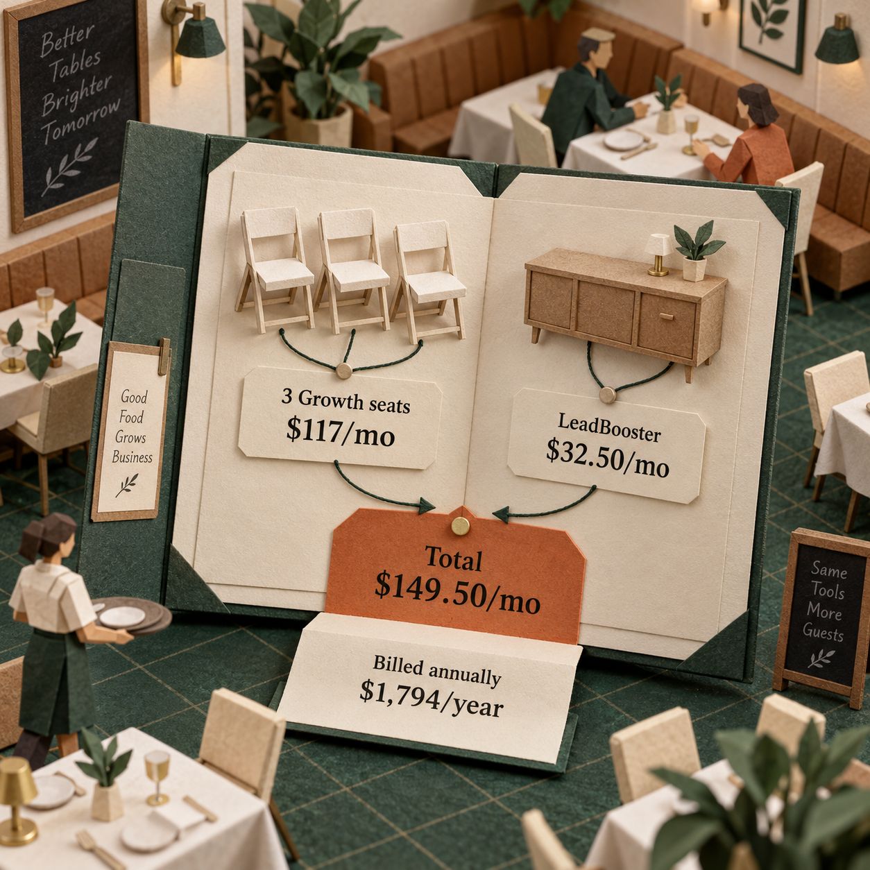 A folded paper bill showing three Growth seats at 117 dollars plus one LeadBooster package at 32 dollars and 50 cents, totaling 149 dollars and 50 cents per month equivalent or 1794 dollars annually