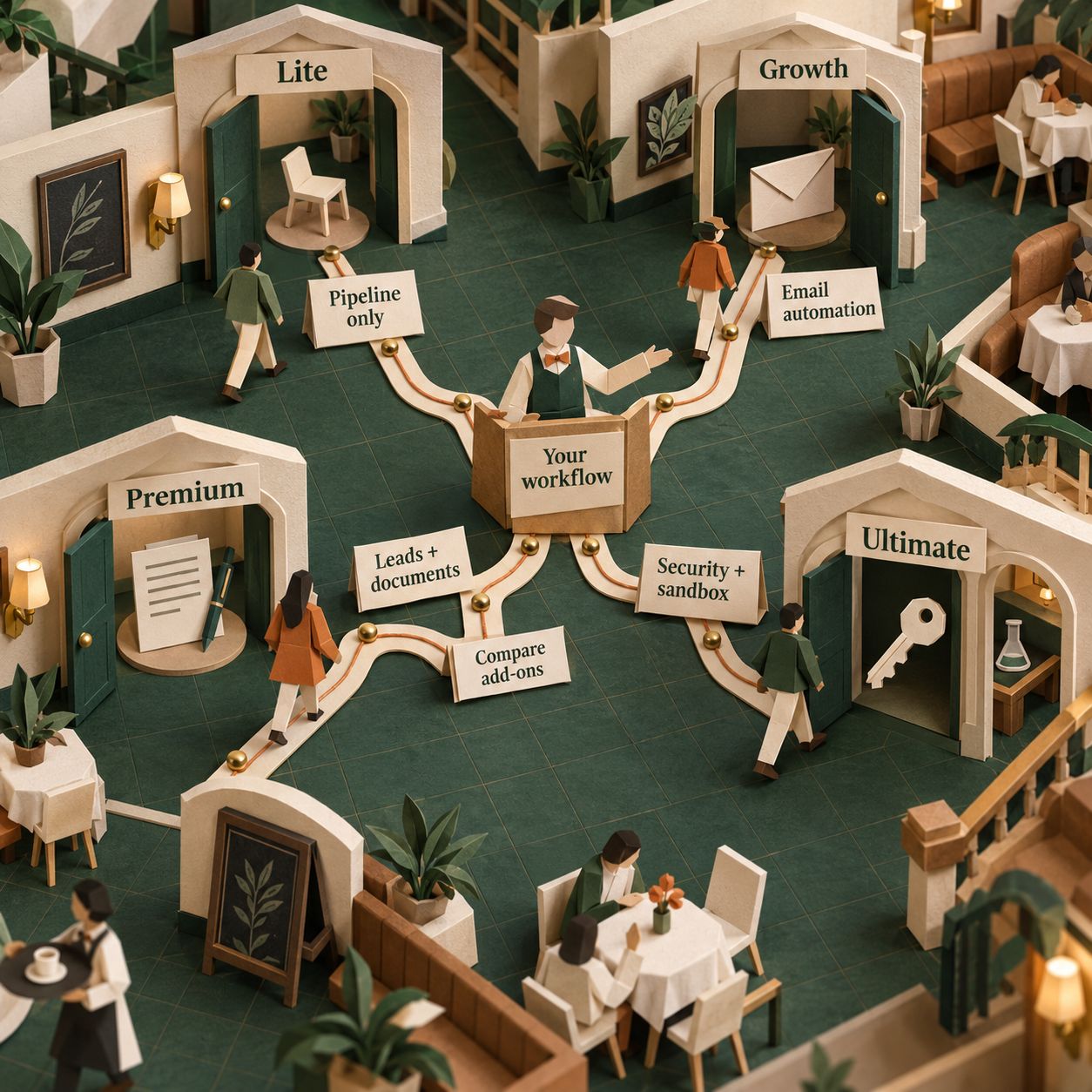 A paper bistro decision flow connecting pipeline, email, document and security needs to the Pipedrive plans