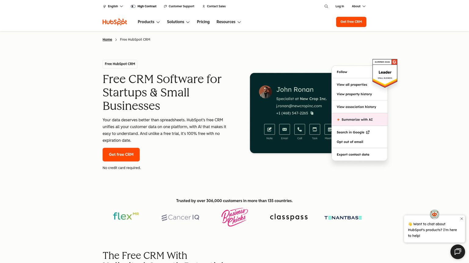 HubSpot's free CRM product page describing customer and sales management