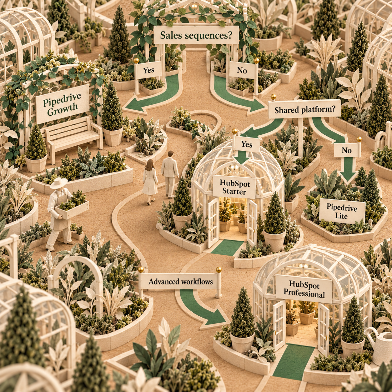 Paper nursery decision flow choosing Pipedrive Growth for sales sequences, HubSpot Starter for a basic shared platform, and Pipedrive Lite for focused record keeping, with advanced workflow needs leading to HubSpot Professional