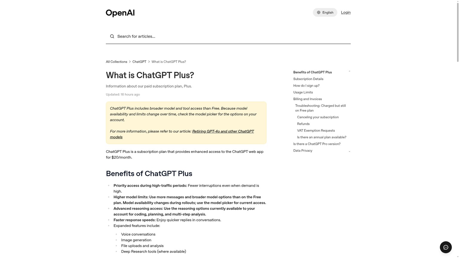 Page d'aide officielle de ChatGPT Plus indiquant le prix mensuel de $20