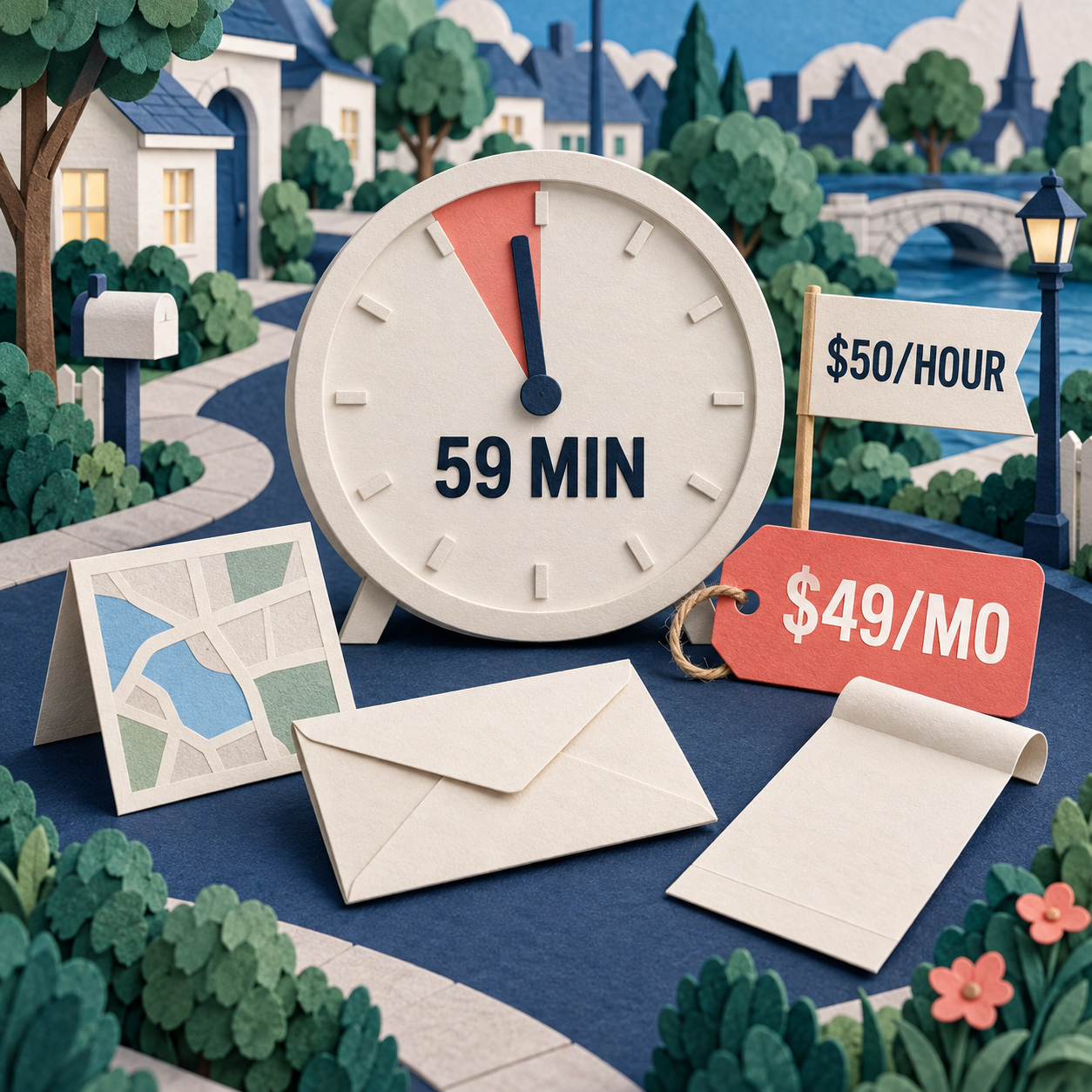 Papiermodell-Uhr mit einer monatlichen Gewinnschwelle von 59 Minuten bei einem Inhaber-Stundensatz von 50 Dollar für den 49-Dollar-Solo-Tarif