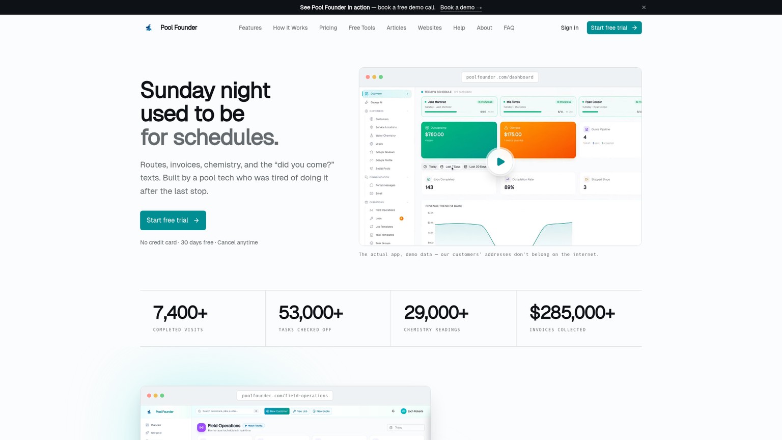 Pool Founder homepage showing routes, mobile field work, billing, and current Solo pricing
