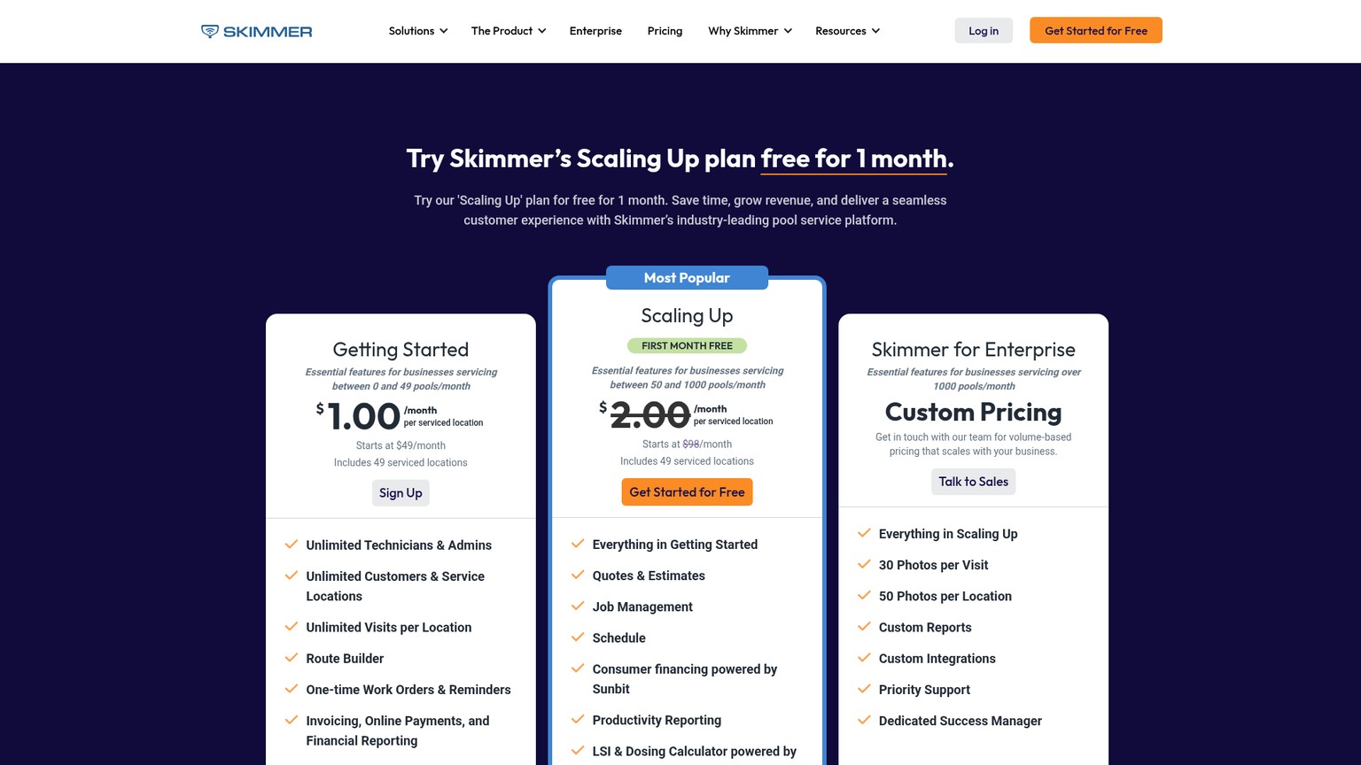 Skimmer pricing page showing Getting Started and Scaling Up per-location plans