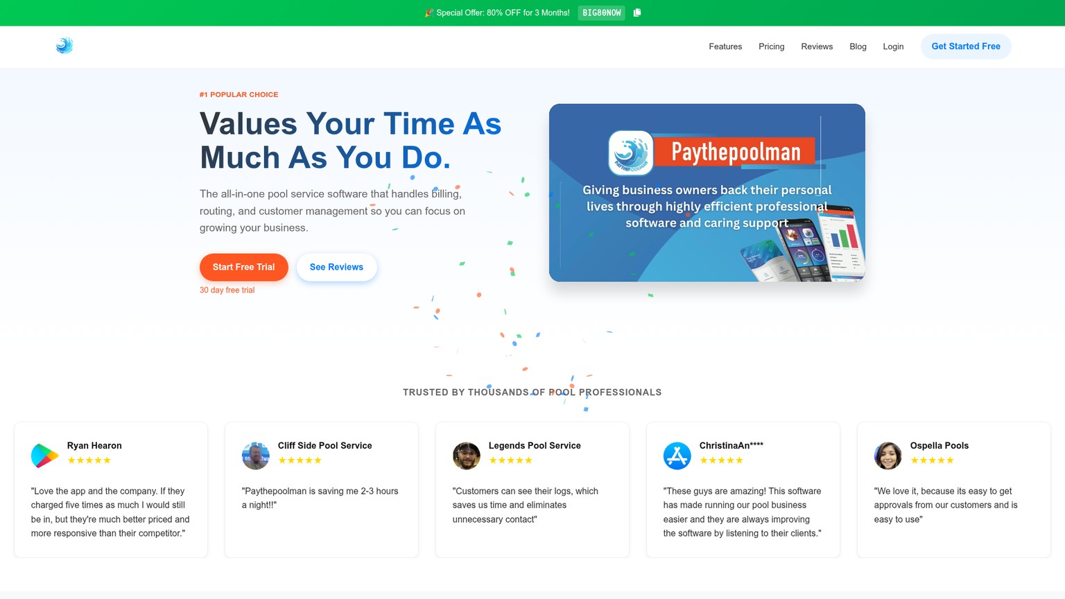 Paythepoolman homepage showing current one-technician pricing calculator and pool-service features