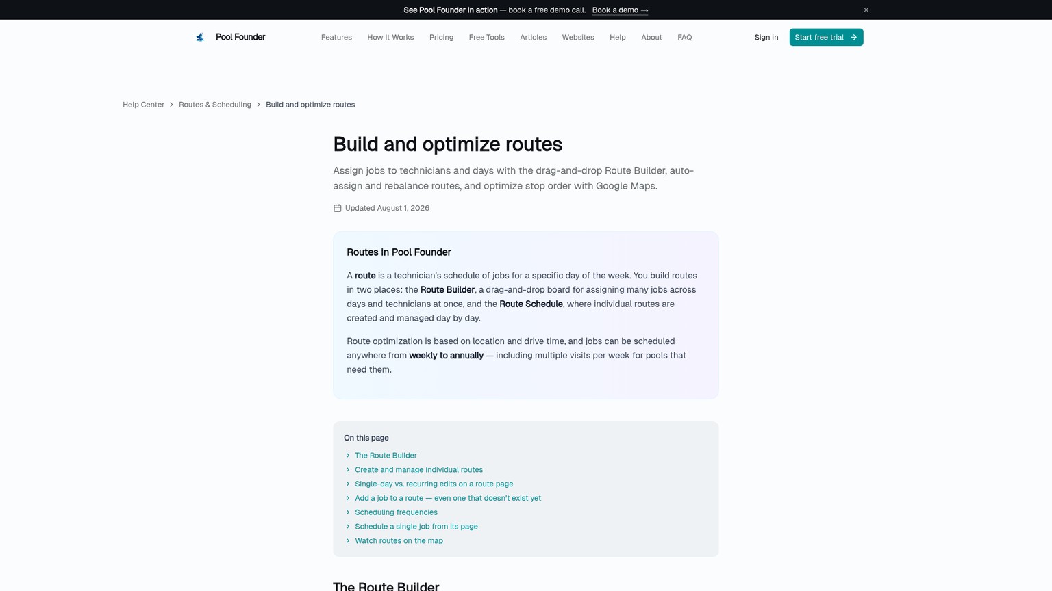 Pool Founder Route Builder help page showing route assignment, optimization, and preview controls