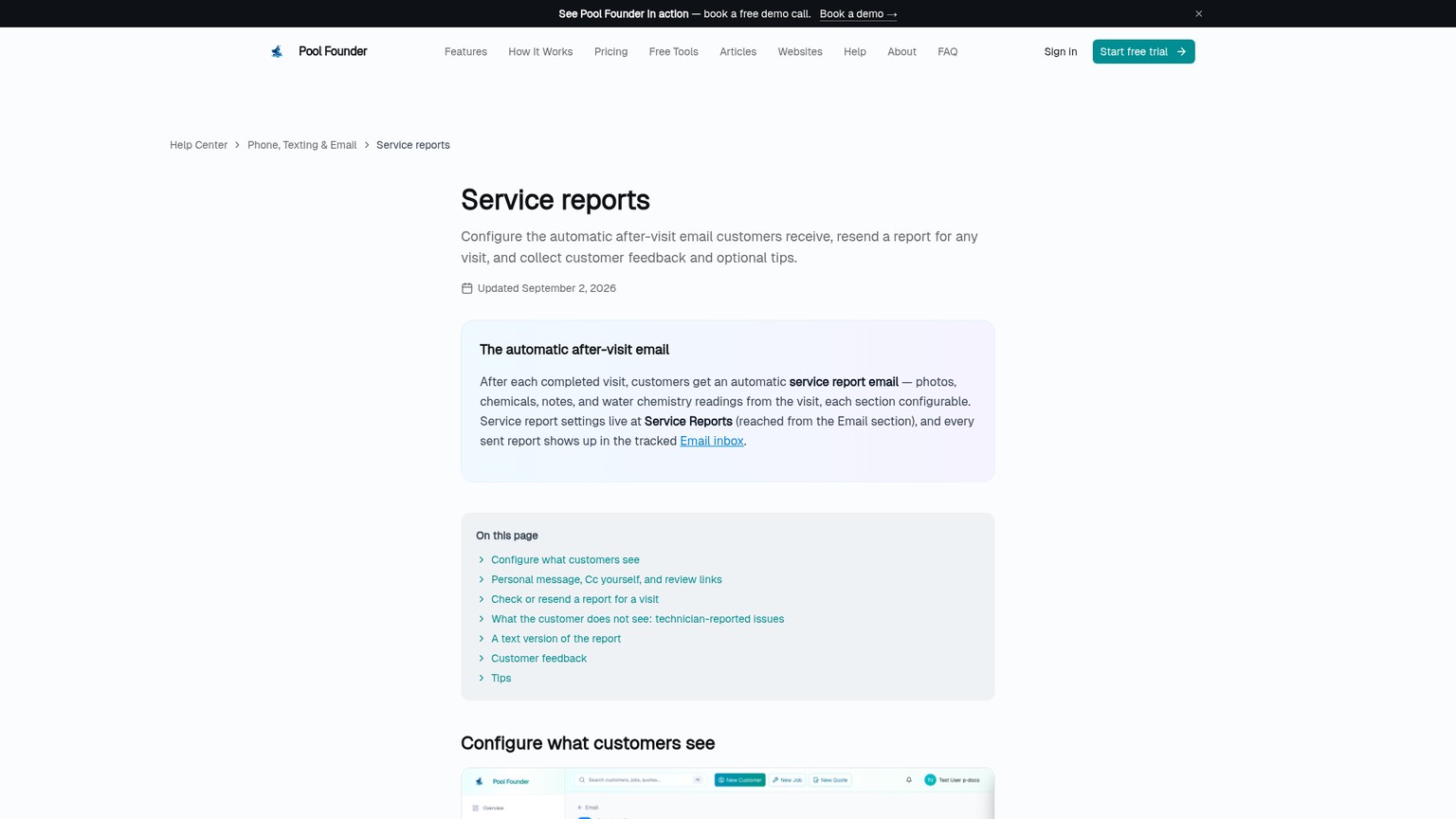 Pool Founder service-report settings page with configurable report sections and preview
