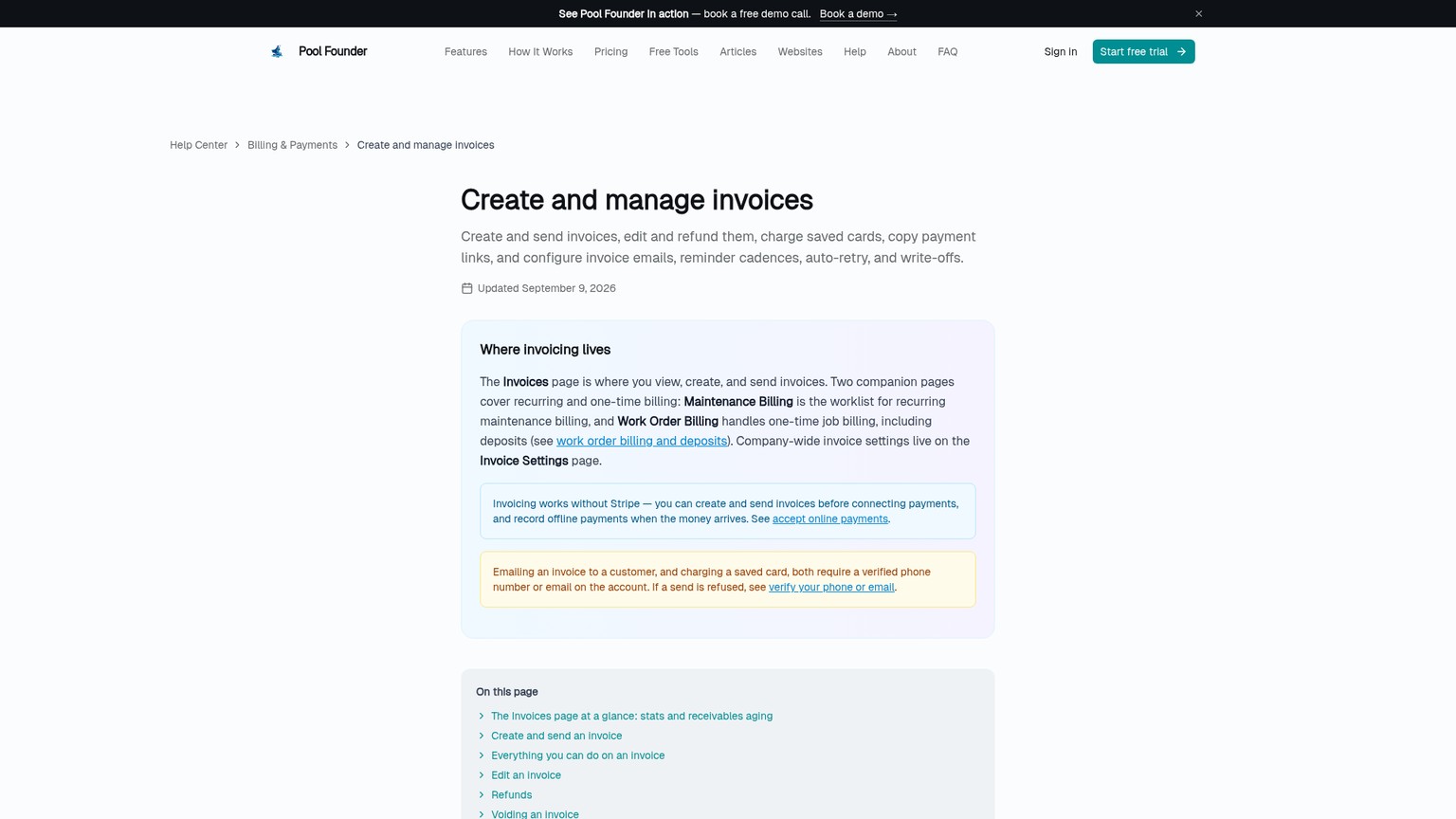 Pool Founder invoice help page showing create, send, payment, edit, and refund workflows