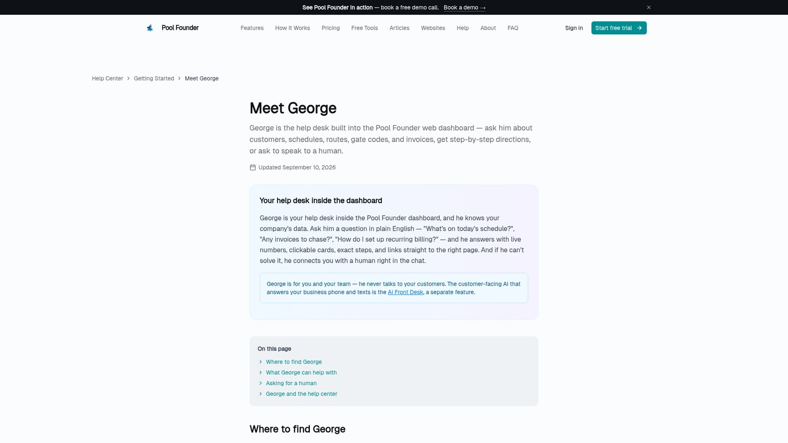 Pool Founder help page defining George as an internal data and support assistant