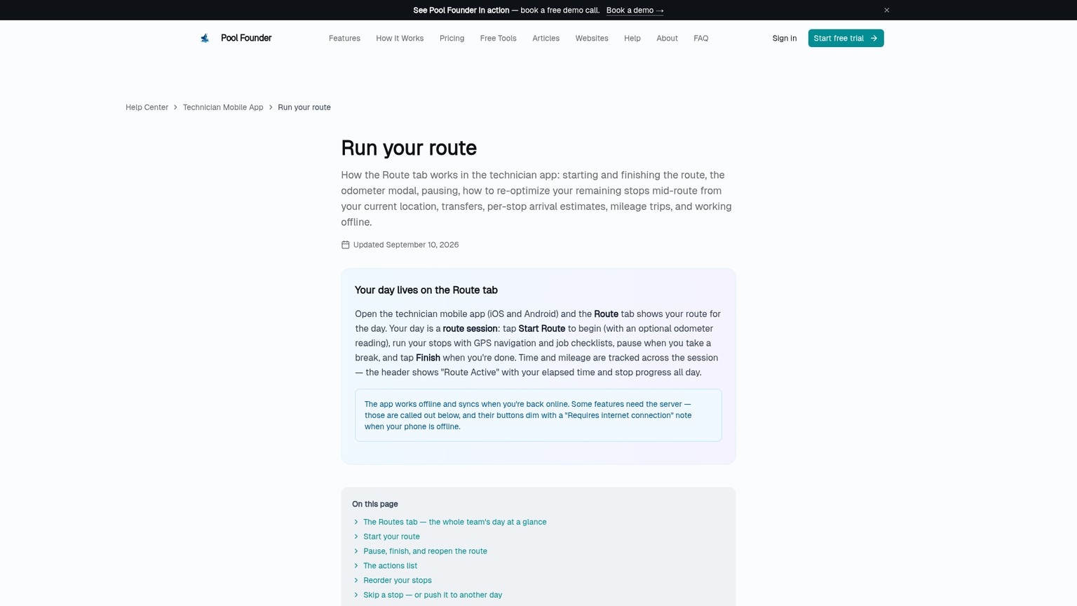 Pool Founder technician mobile help page explaining route work and offline behavior