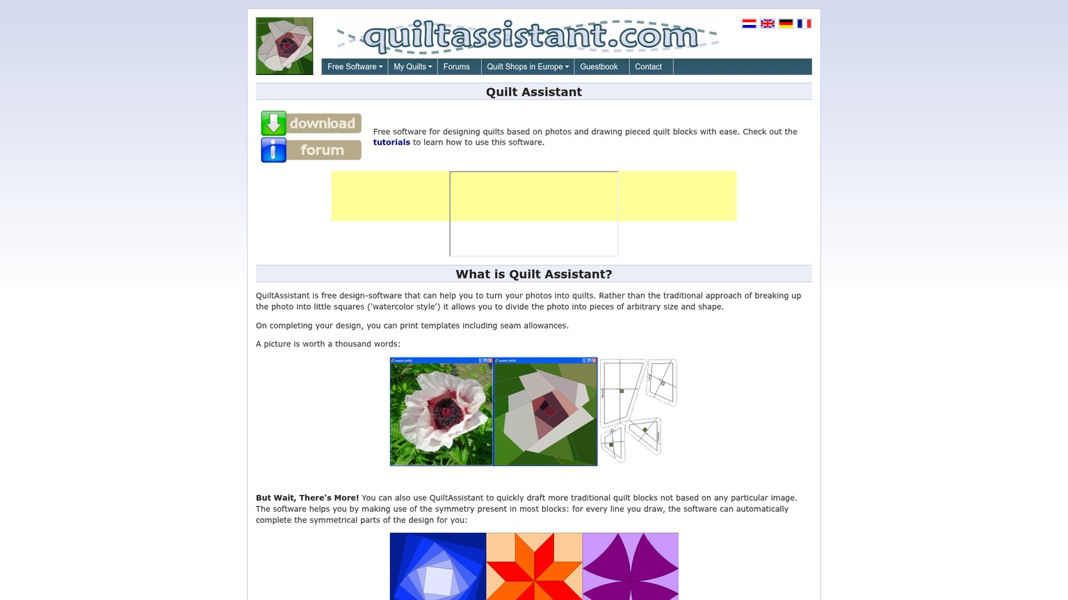 Page produit de QuiltAssistant présentant le téléchargement, le périmètre et les fonctionnalités
