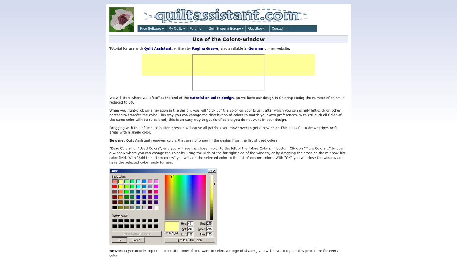 Tutoriel des couleurs de QuiltAssistant montrant les outils de sélection et de remplacement