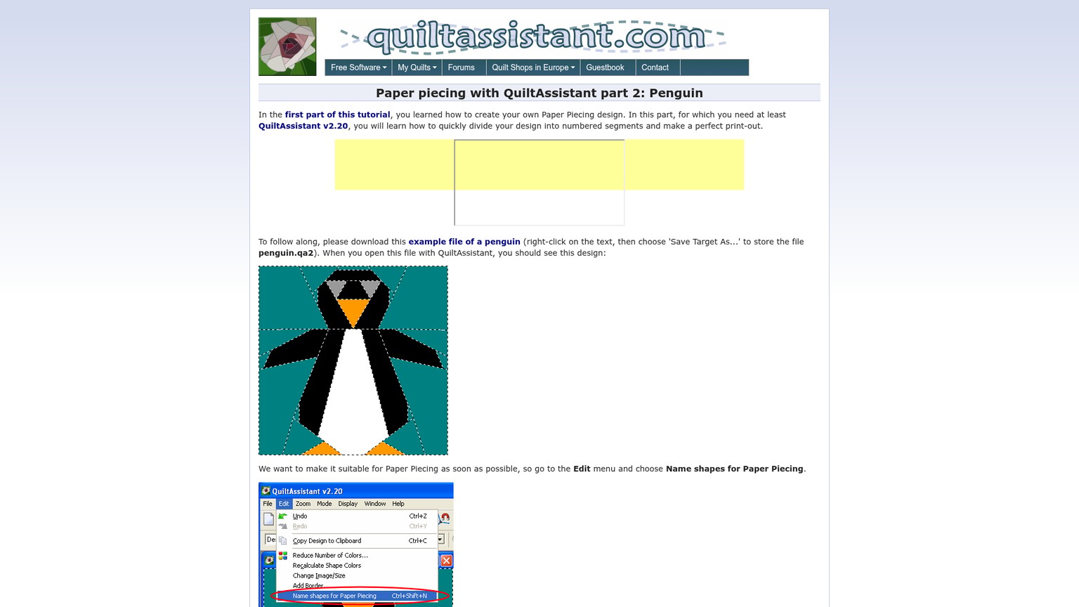 Tutoriel du pingouin dans QuiltAssistant illustrant la nomenclature automatique et manuelle du piéçage sur papier