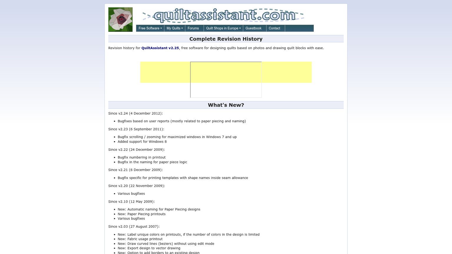 Historique des versions de QuiltAssistant s’arrêtant à la version 2.25 en avril 2013