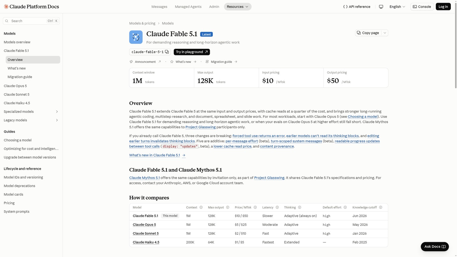 Anthropic-Modellübersicht für Claude Fable 5.1 mit Preis, Kontextfenster, Output-Grenze und Plattformverfügbarkeit