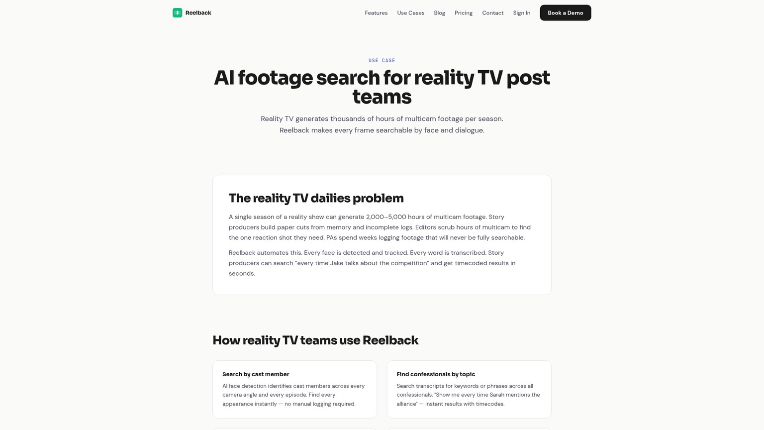 Reelback-Seite für Reality-TV über Gesichts- und Dialogsuche sowie String-out-Export als EDL oder FCPXML