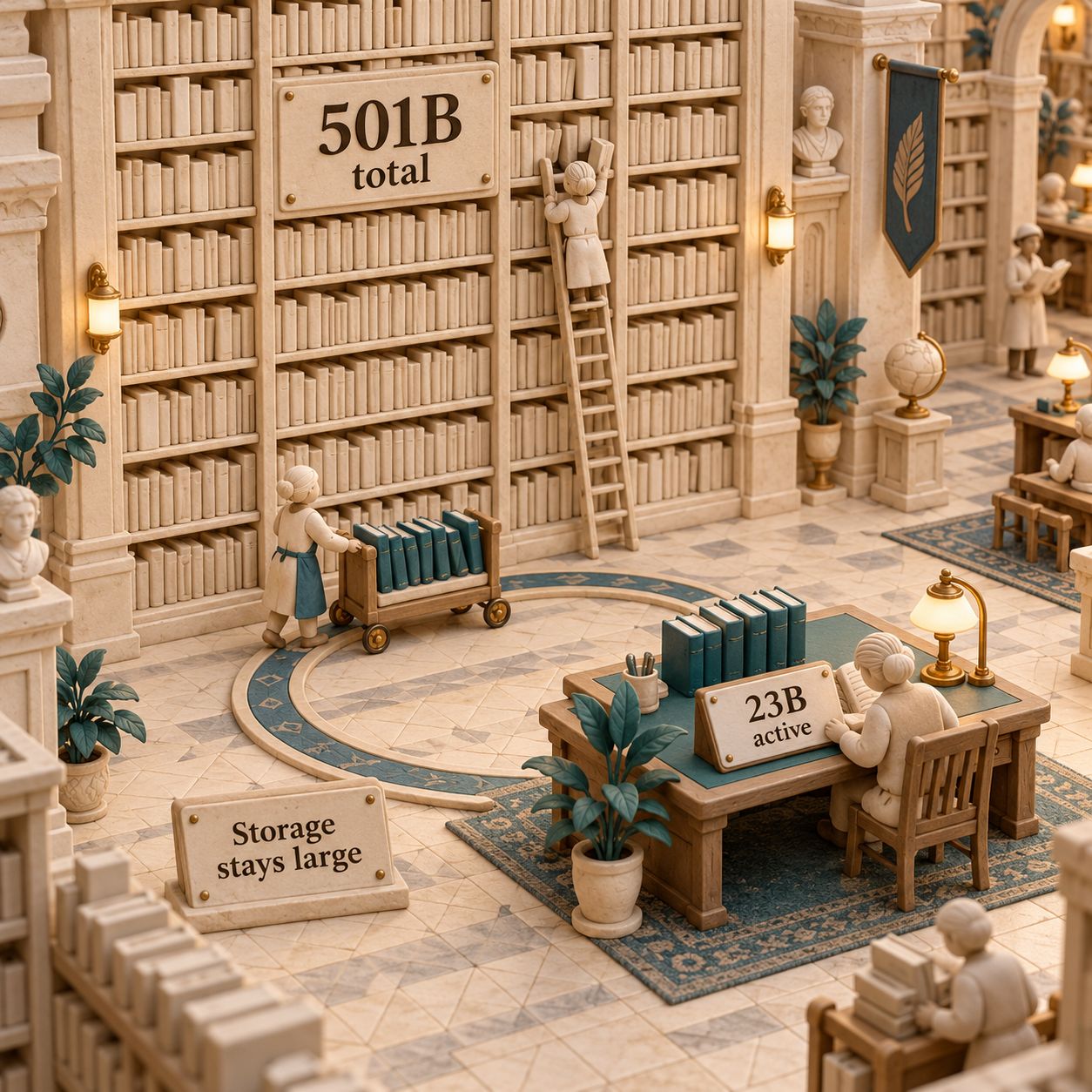 Estantes de una biblioteca de arcilla que representan 501B de parámetros totales, con libros seleccionados en un escritorio que representa 23B activos; el almacenamiento sigue siendo grande