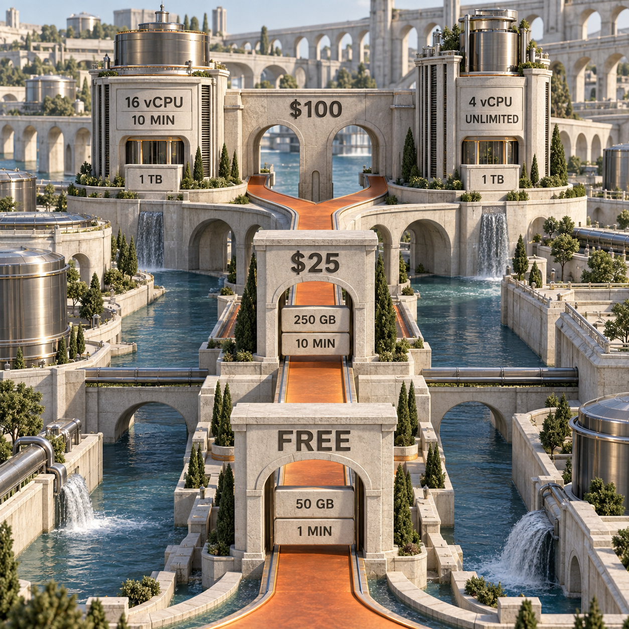 Architektonischer Entscheidungsweg von Rendi Free über den $25-Pro-Tarif zu den beiden $100-Optionen für Rechenleistung oder Laufzeit