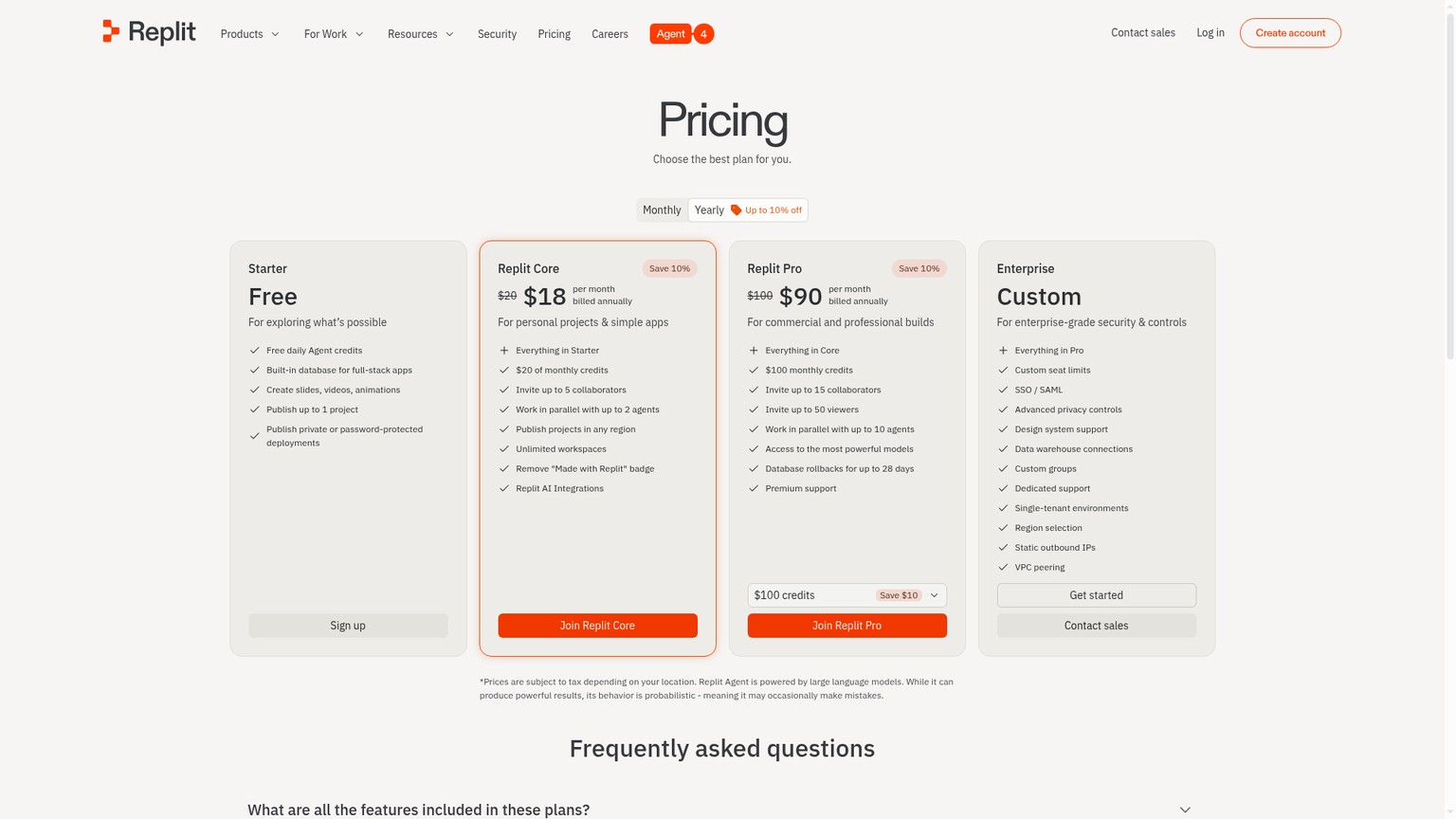 Replit live pricing page with Starter Core Pro and Enterprise tiers