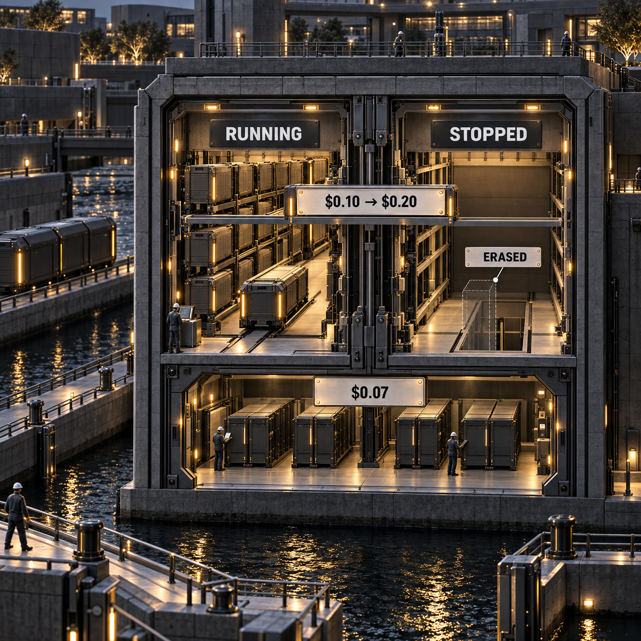Architectural storage cutaway showing container disk erased, volume disk doubling when stopped and network storage staying at 0.07 dollars