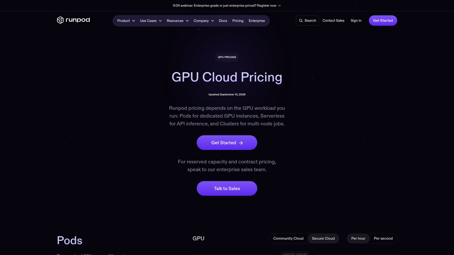 Runpod pricing page showing Pods, Serverless, Clusters and storage