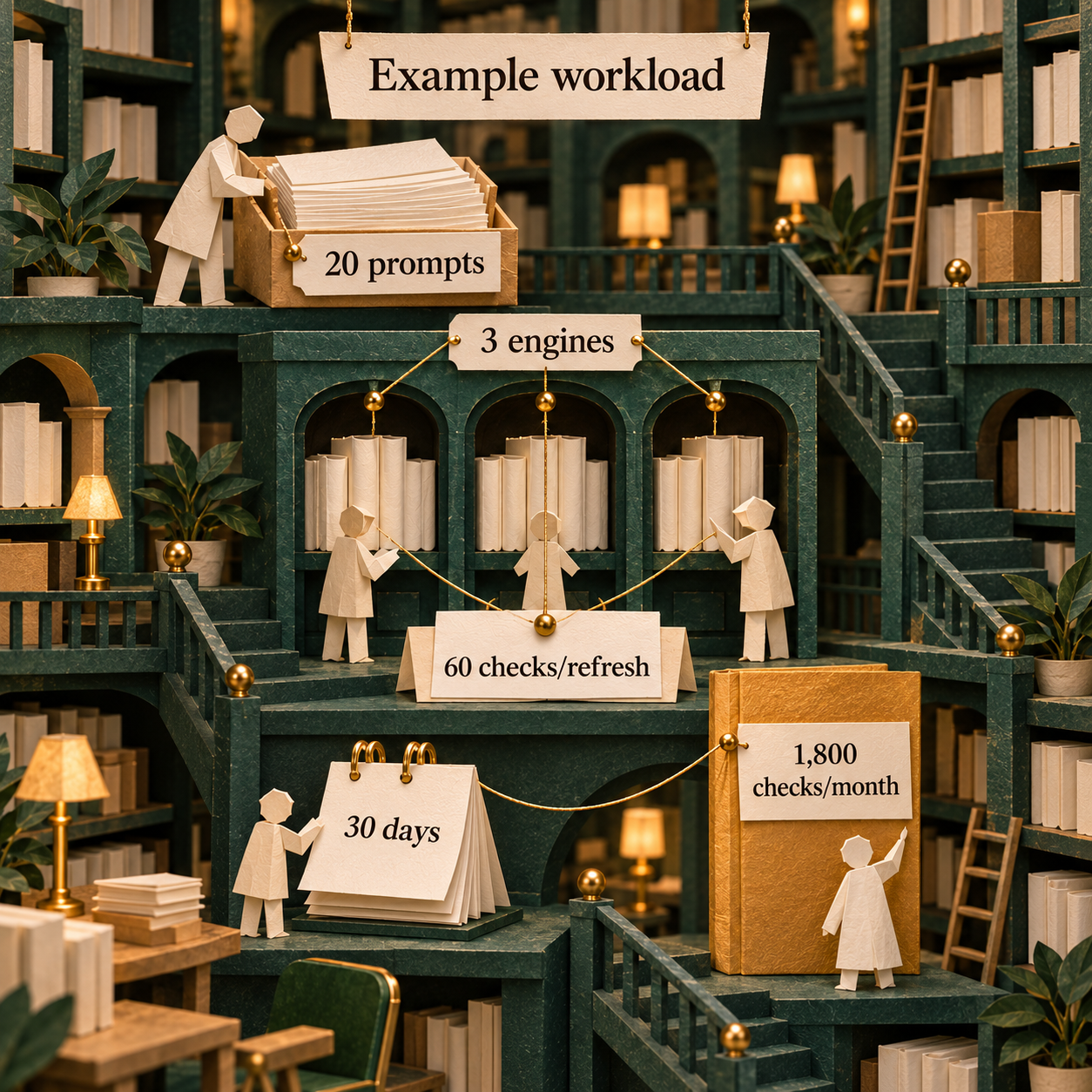 Paper library sequence showing 20 prompts across 3 engines over 30 days requiring 1800 checks