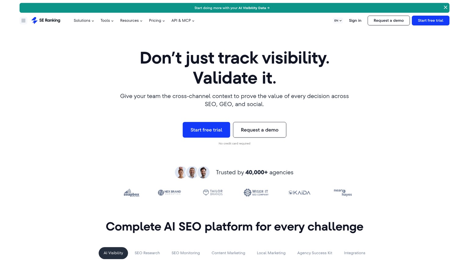 SE Ranking public homepage describing its SEO and AI visibility ecosystem
