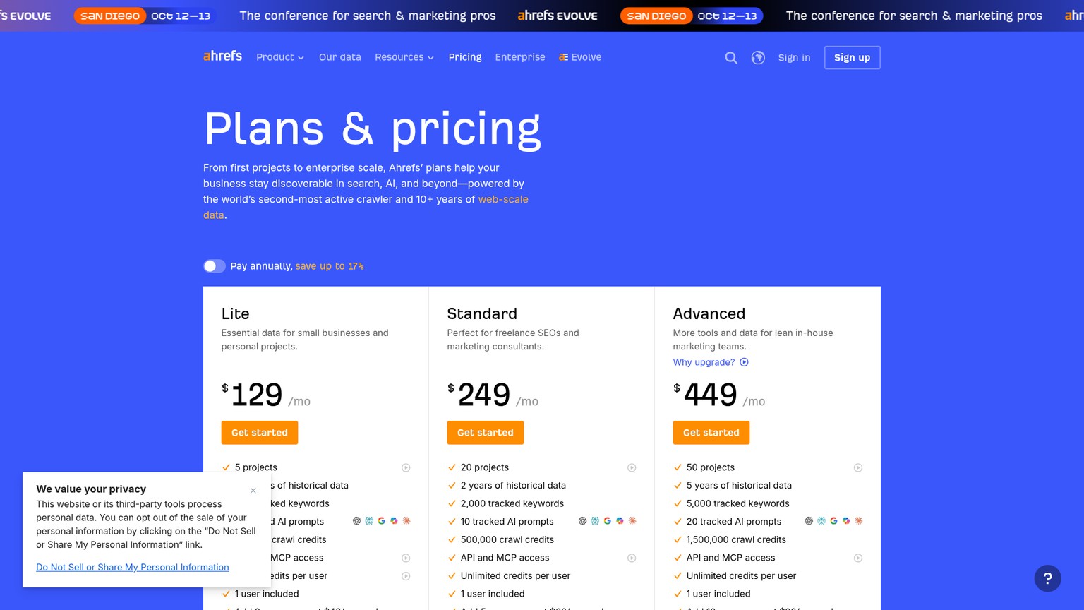 Ahrefs pricing page showing SEO subscriptions and custom AI prompt packages