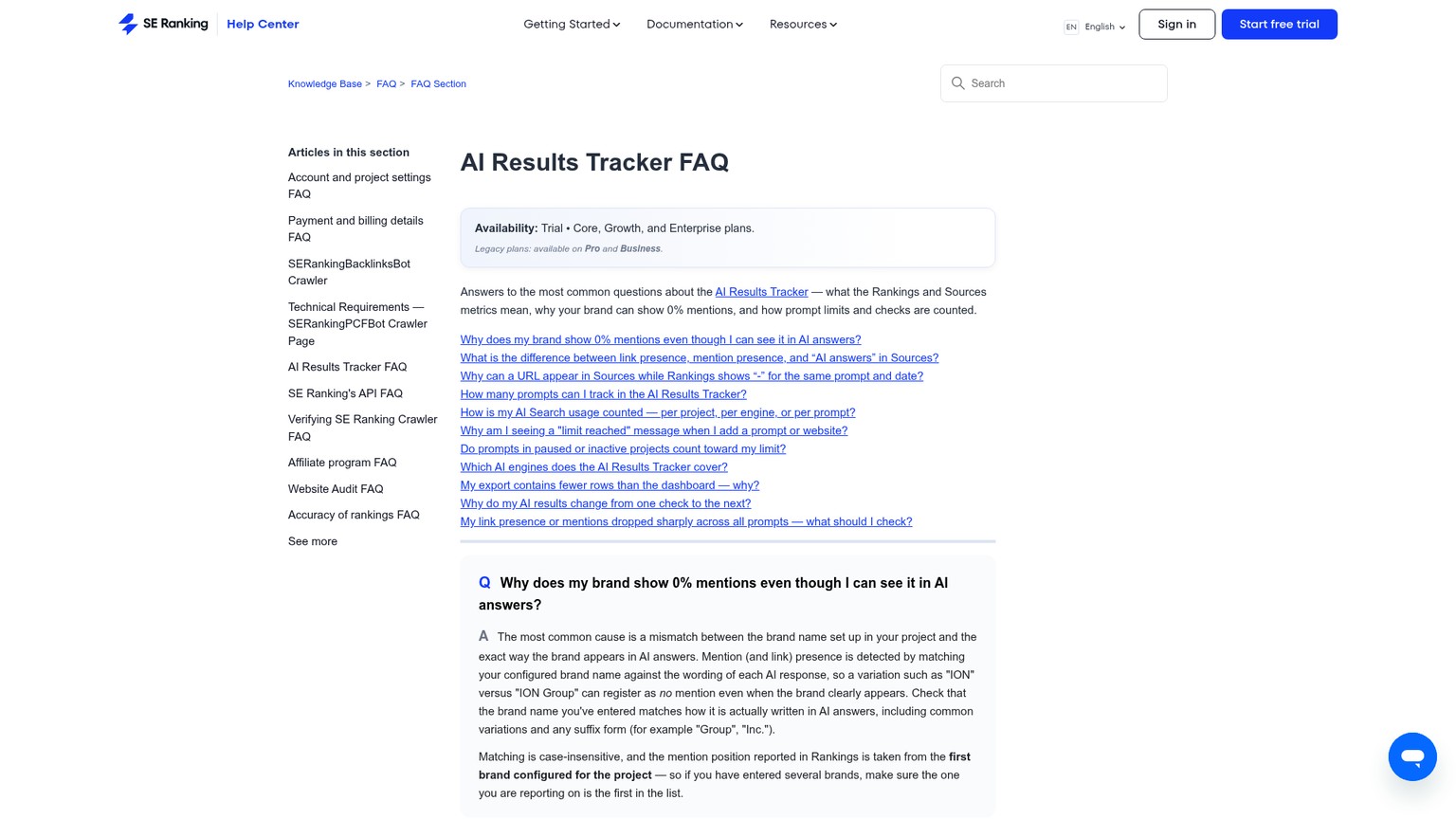 SE Ranking AI Results Tracker FAQ documenting shared prompt slots, monthly checks and inactive projects