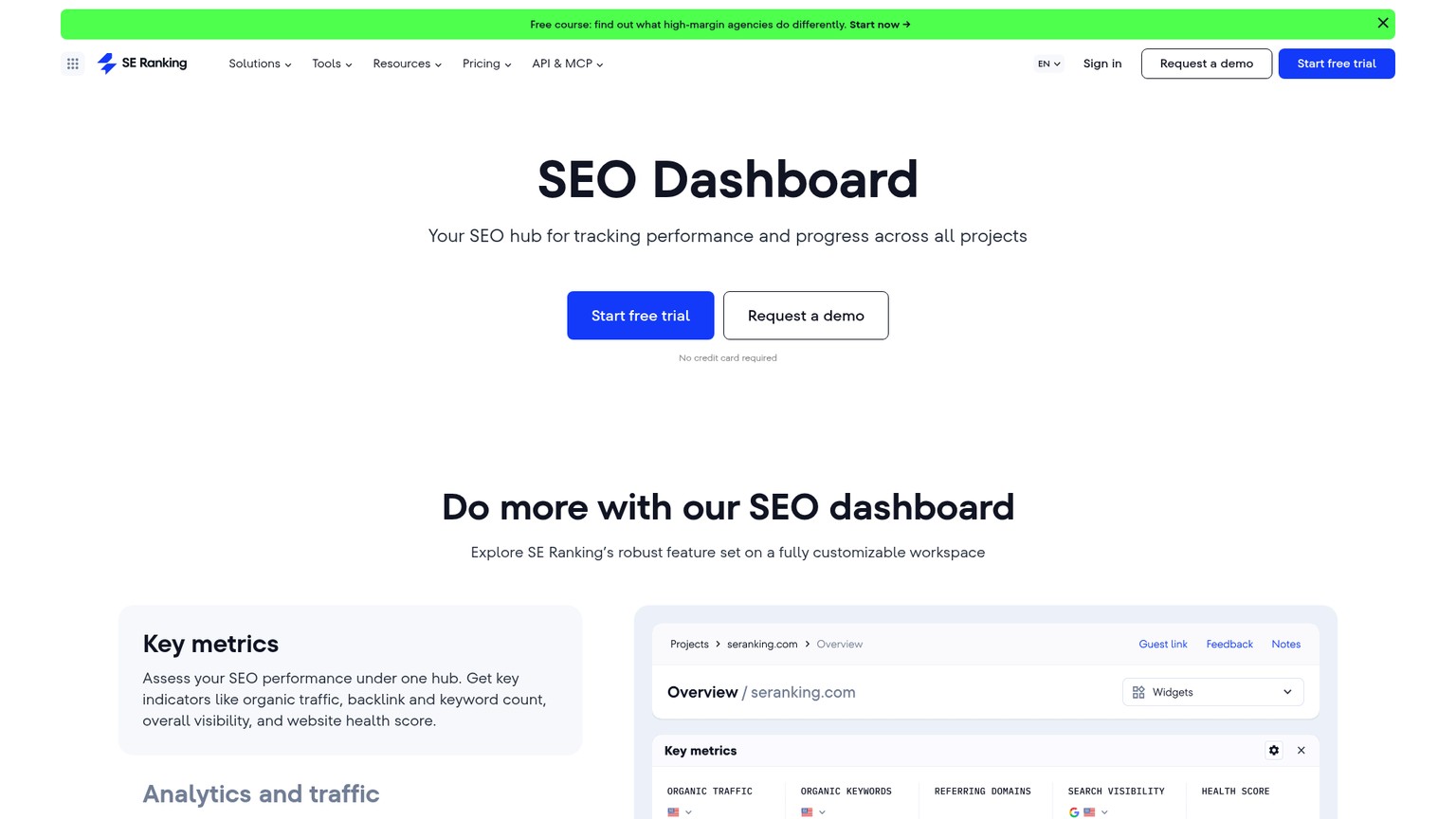 SE Ranking public dashboard page showing its analytics, ranking and audit views