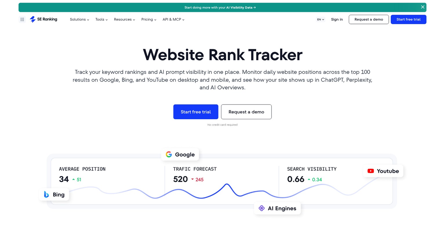 SE Ranking Rank Tracker page showing keyword ranking, search engine and AI tracking features