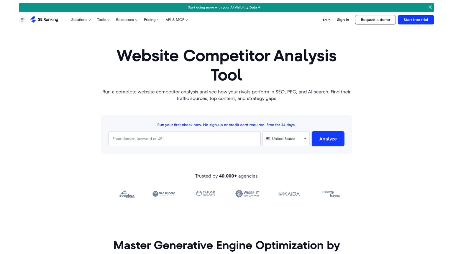 SE Ranking public Competitive Research page showing organic, paid and AI competitor analysis