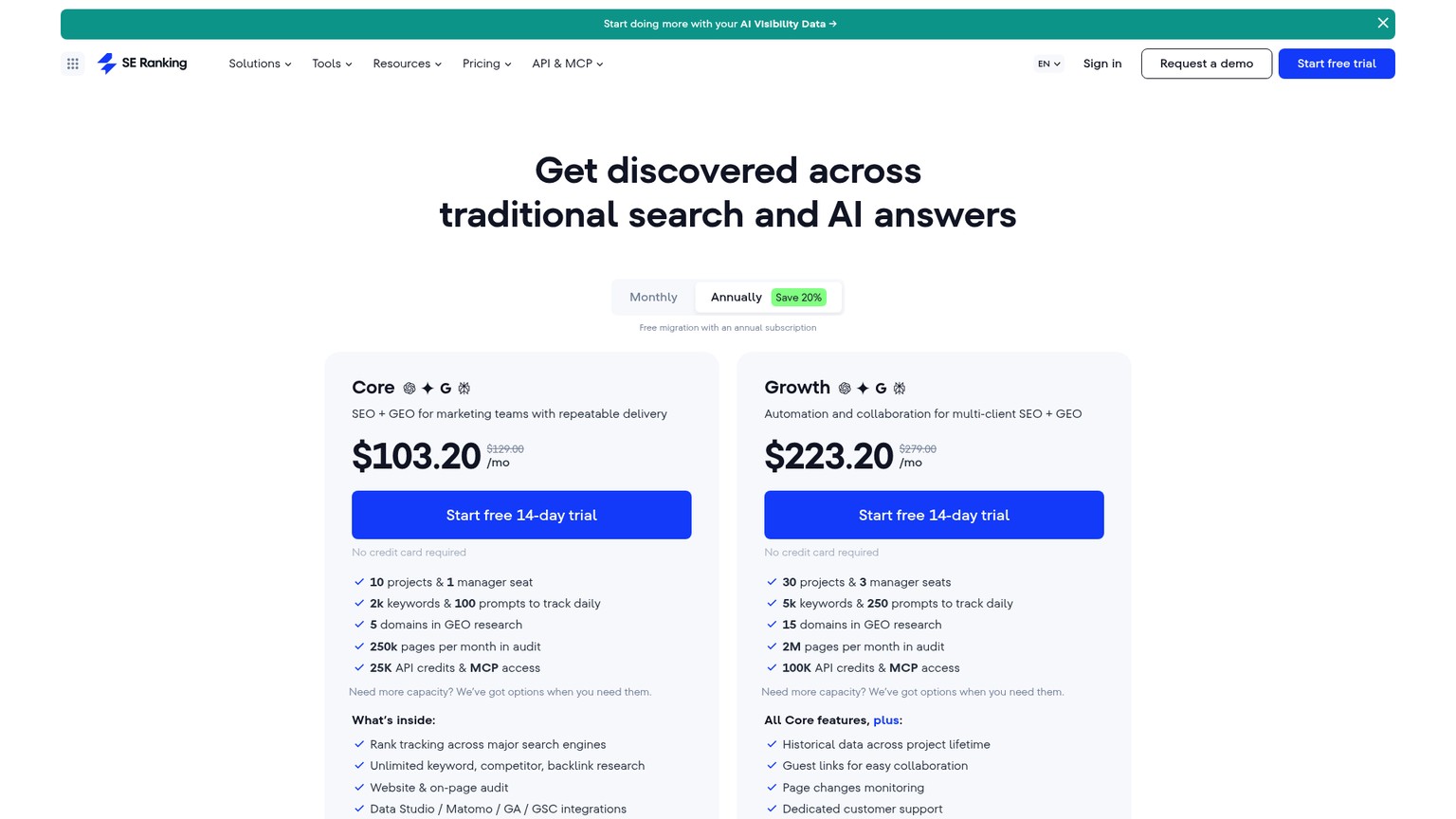 SE Ranking live pricing page with Core, Growth, Enterprise and add-on prices