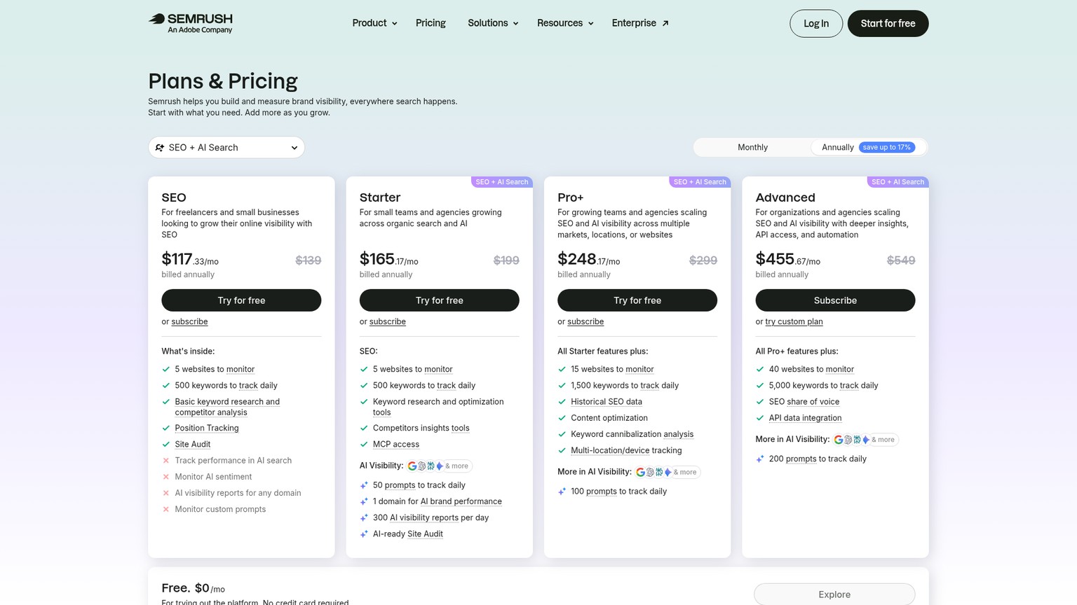 Semrush live SEO and AI Search pricing with SEO, Starter, Pro+ and Advanced plans