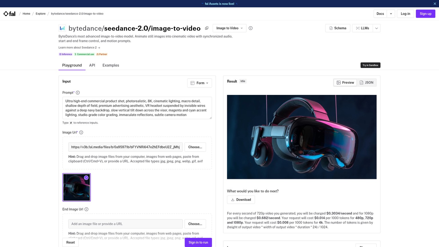 Page du modèle Seedance 2.0 sur fal.ai